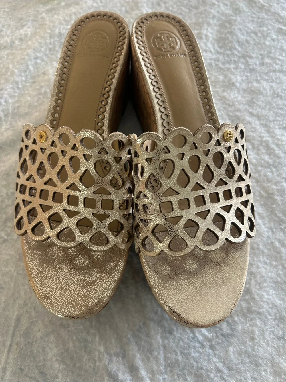 Tory Burch Champagne Laser-Cut Cork Wedge Slides
